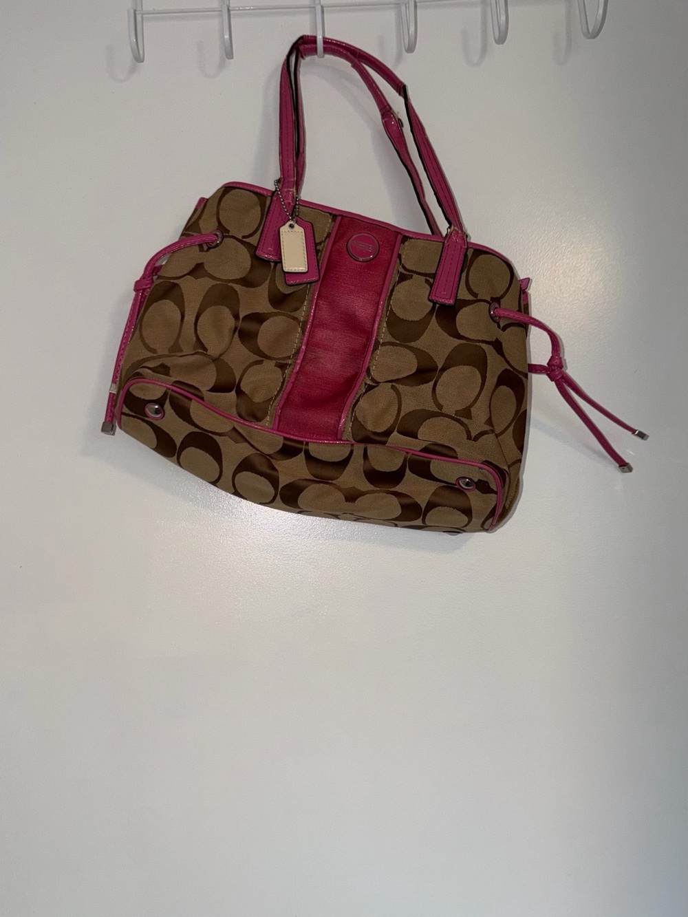 Coach Brown Signature Tote with Pink Trim and Handles